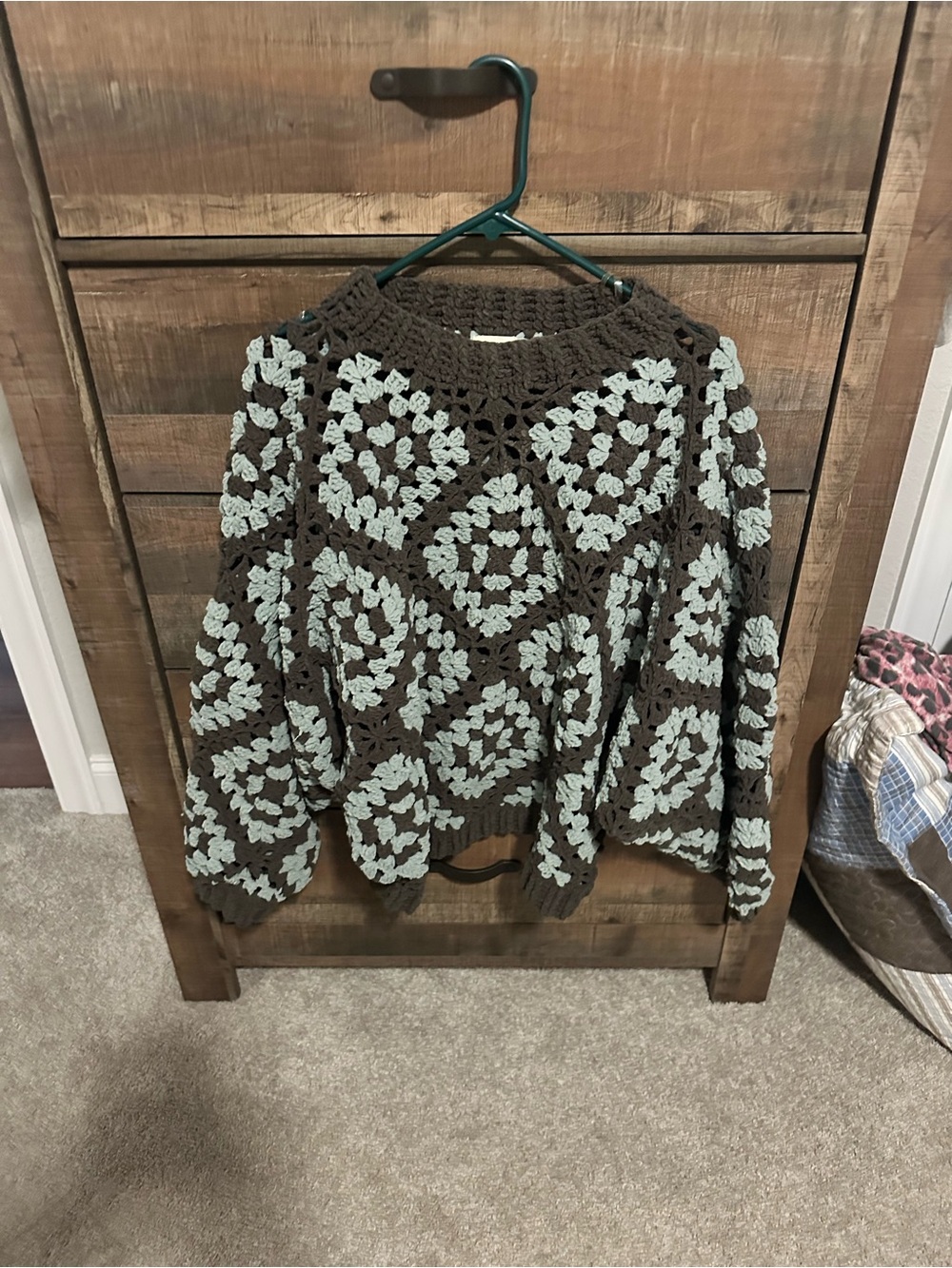 POL Brown and Light Blue Crochet Crewneck Sweater